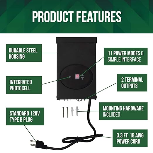 GKOLED ETL Listed 120W Low Voltage Transformer with Photocell and Timer, 120V AC to 12V AC Outdoor Power Pack, Dual Isolated Outputs, for Landscape Lighting Systems, Fully Encapsulated Toroid Core