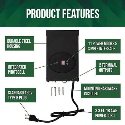 GKOLED ETL Listed 120W Low Voltage Transformer with Photocell and Timer, 120V AC to 12V AC Outdoor Power Pack, Dual Isolated Outputs, for Landscape Lighting Systems, Fully Encapsulated Toroid Core