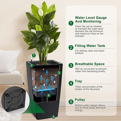 GarveeLife 30 in Tall Planters Set of 2, Outdoor＆Indoor Black Planter Pots, High Front Porch Planter Pots With Drainage Holes＆Water Level Monitor Movable Wheels ＆Inner Bucket, Automatic Watering,Black