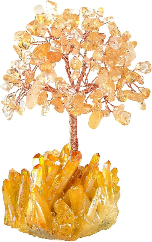 Natural Citrine Crystal Tree with Yellow Titanium Quartz Base,Healing Crystals Chakra Balance Positive Energy Feng Shui Money Bonsai Tree Home Decor for Wealth and Luck
