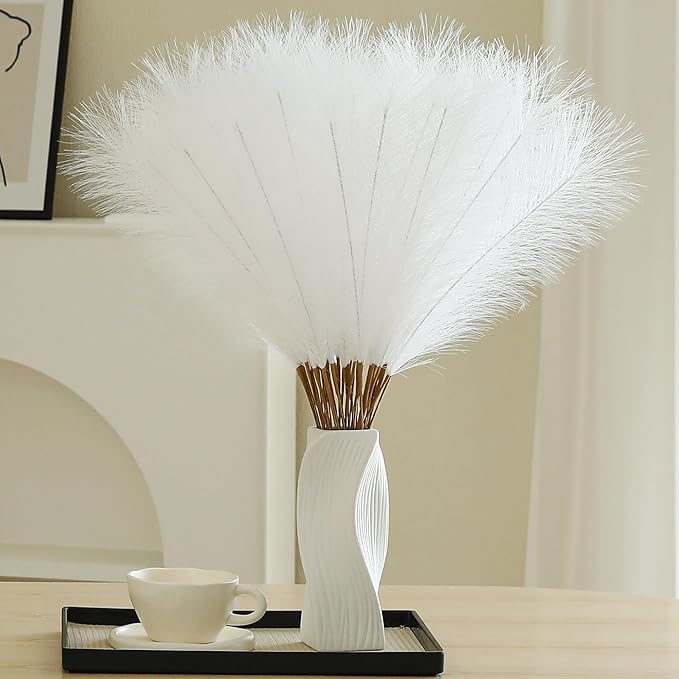 60pcs White Pampas Grass - 24 Inch Faux Pampas Grass Decor, Artificial Tall Pompas Grass for Wedding Flower Arrangement, Party Decorations, Christmas and Home Decor (White)