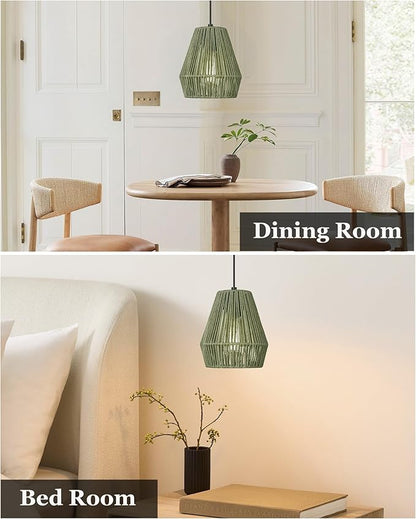 ELYONA Woven Pendant Lights, 7” Rustic Rattan Hanging Lamp Adjustable Handwoven Basket Shade, Boho Pendant Light Fixtures for Kitchen Island, Dining Room, Bedroom, Farmhouse Bar, Foyer Hallway, Green