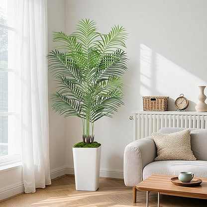 6ft Artificial Palm Tree with White Planter-Tall Artificial Indoor Plants, Fake Tropical Palm Tree, Faux Silk Plants for Home Office Living Room Bedroom Modern Decor