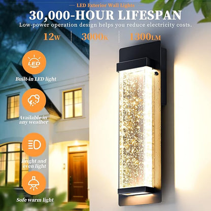 14" Bubble Glass LED Outdoor Wall Sconce Lights Exterior 2-Pack, Waterproof Modern Outdoor Porch Lights Wall Mount 3000K, 12W Black Exterior Lighting Fixtures Coach Lights for Garage House