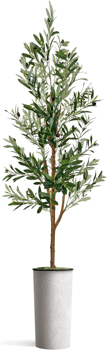 Artificial Tree in White Marble Effect Planter, Fake Olive Silk Tree for Indoor and Outdoor Home Decoration - 68" Overall Tall (Plant Pot Plus Tree)