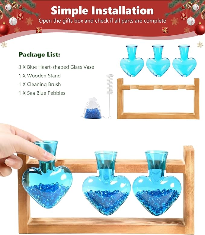 Nacome Plant Terrarium Propagation Stations: Christmas Gifts for Plant Lovers Women Mom Wife - Wooden Stand Tabletop Planter 3 Bulb Glass Vase Heart Shaped for Hydroponics Indoor Home Office Decor
