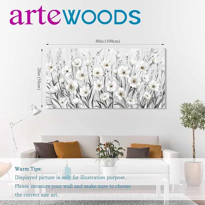 arteWOODS Flowers Canvas Wall Art - Grey White Wildflowers Pictures Wall Decor Botanical Painting Artwork Elegant Floral Prints for Living Room Bedroom Office Home Decor Ready to Hang 40 x 20in