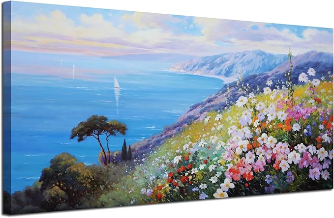 Enartly Blue Coastal Wall Art Canvas Ocean Seascape Painting Scenery Flower Colorful Landscape Textured Artwork Framed for Living Room Bedroom Bathroom Home Office Wall Decor, Large Size 40"x20"