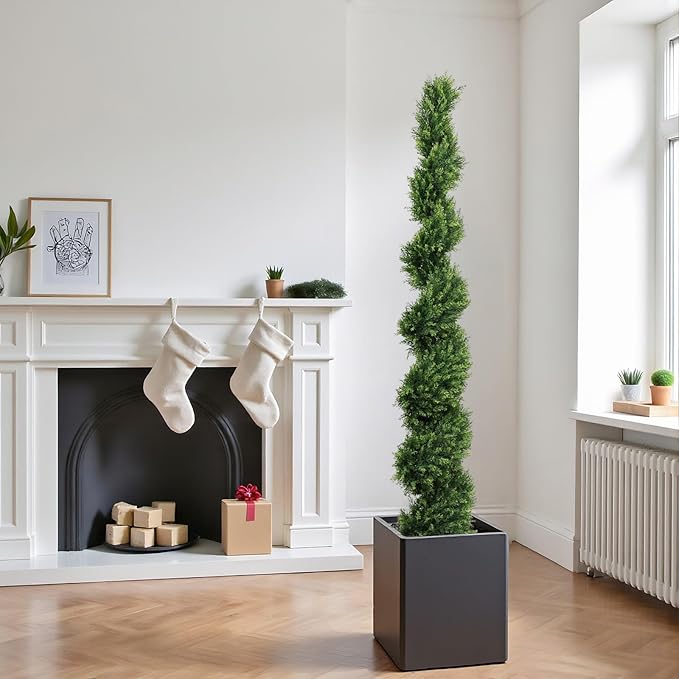 THE BLOOM TIMES 6ft Spiral Artificial Topiary Trees Set of 2, 71 inch Faux Cedar Trees for Outdoor Planters - Fake Twist Cypress Plants for Garden Front Porch Indoor Outside Decor 6 Foot