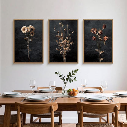 Large Moody Dark Floral Framed Canvas Wall Art,Vintage Dried Flowers Wall Decor,Modern Retro Wildflowers Artwork,Mid Century Boho Botanical Art Print for Living Room,Bedroom,Office- 24"x36"x3