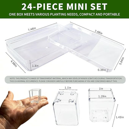 24 pcs Mini Clear Plastic Planter with Box, 2.8cm/1.1in with Drainage Hole & Bottom Support. Mini Succulent Nursery Pots for Roots Viewing, Home Potting, DIY, Office/Window Sill Decor