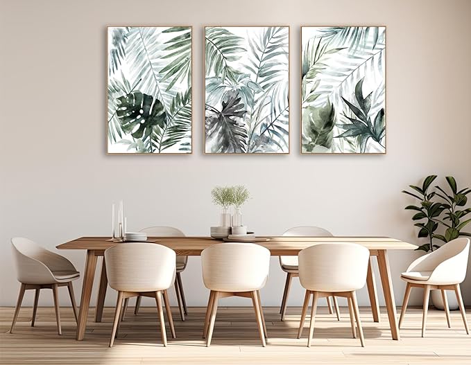 Large Framed Canvas Wall Art - Natural Float Framed Tropic Leaf Pictures Wall Art Prints for Living Room Decor Green Plants Artwork for Bedroom Kitchen Home Office Decoration 96" X 48" Set of 3