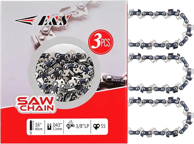 E & S 3 Pack 16 Inch Chainsaw Chain 3/8" LP Pitch .043" Gauge 55 Drive Links Semi-Chisel Chain Saw Chains for Husqvarna, Poulan, Craftsman, Greenworks and More Chainsaw Brands