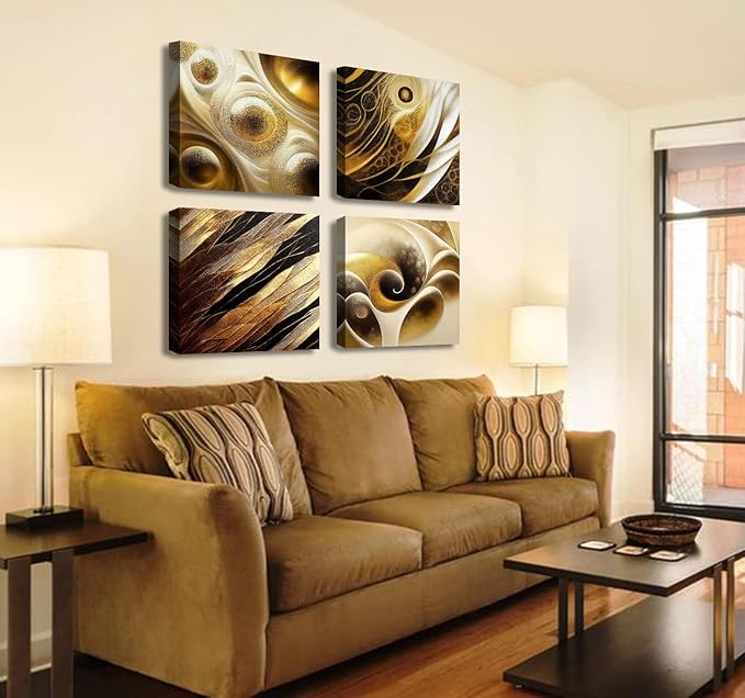 BLINFEIRU Modern Gold Abstract Canvas Wall Art Black and Gold Wall Decor for Living Room Bedroom Abstract Painting Pictures Home Office Artwork Framed Ready to Hang 12x12 Inch