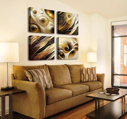BLINFEIRU Modern Gold Abstract Canvas Wall Art Black and Gold Wall Decor for Living Room Bedroom Abstract Painting Pictures Home Office Artwork Framed Ready to Hang 12x12 Inch