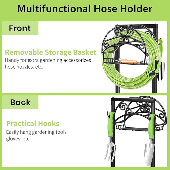 TomCare Garden Hose Holder Upgraded Water Hose Holder with Storage Basket Heavy Duty 4 Spikes Hose Hanger Holds 160 Feet Hoses Stable Freestanding Hose Storage Organizer for Outside Yard