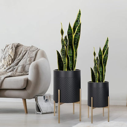 Oakrain Planters for Indoor Plants, Set of 2 Mid Century Modern Planter with Stand, Decorative Metal Planter Pots for Living Room, Office, Garden or Balcony, Black, 10"&12"