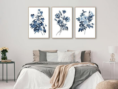 Large Framed Canvas Wall Art - Natural Float Framed Indigo Flowers Picturtes for Living Room Decor Retro Blue Floral Botanical Artwork Plants for Bedroom Kitchen Home Office Decor 96" X 48" Set of 3