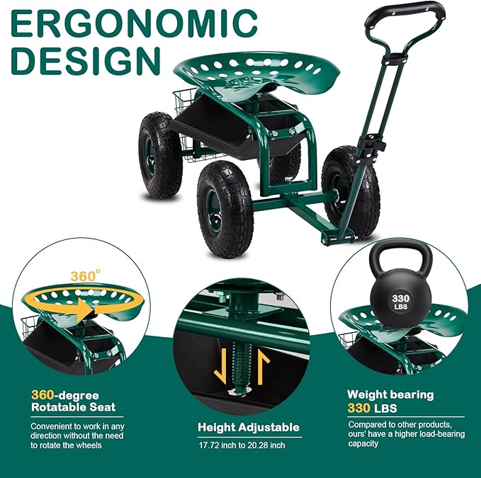 Outvita Garden Cart Rolling Workseat with Wheels, Gardening Stool with Adjustable 360 Degree Swivel Seat, Extendable Handle, Tool Tray & Storage Basket, Gardening Scooter for Yard, Planting, Green