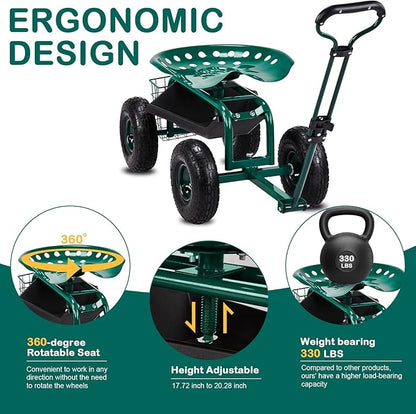 Outvita Garden Cart Rolling Workseat with Wheels, Gardening Stool with Adjustable 360 Degree Swivel Seat, Extendable Handle, Tool Tray & Storage Basket, Gardening Scooter for Yard, Planting, Green