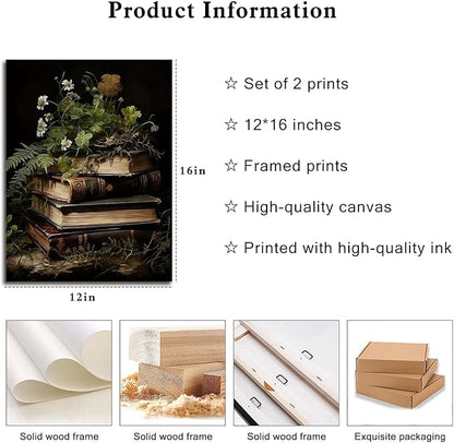 Kdyudo 2 pcs Vintage Botanical Canvas Wall Art, Gothic Dark Collegiate Style, Book Image Printing Atmosphere, Rustic Floral Painting Poster Artwork, Suitable for Study Gallery Wall Decor 12x16 inch