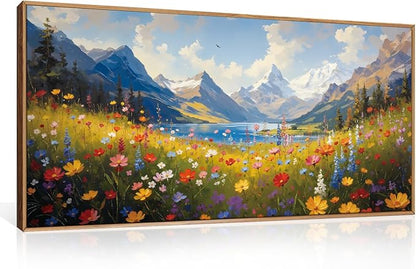 HOURIA Boho Vibrant Watercolor Wildflower & Snowy Mountain Framed Canvas Wall Art Set,Colorful Floral Landscape Decor,Modern Natural Field Scenery Artwork for Living Room,Bedroom,Farmhouse- 20"×40"×1