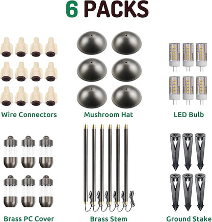 DOSHINE® Solid Brass Low Voltage Landscape Lighting Pathway Lights (6.5" Shade, 22" Tall) with Replaceable 3W G4 LED Bulb 3000K AC/DC 12V and Ground Stake for Outdoor Walkway Driveway (MUS, 6-Pack)