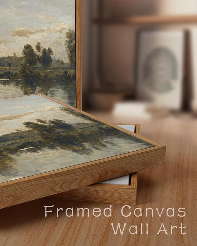 ZZLWBKGL Vintage Landscape Framed Wall Art Natural River Canvas Wall Art Rustic Farmhouse Pictures Wall Decor Country Scenery Art Prints for Living Room Study Bedroom