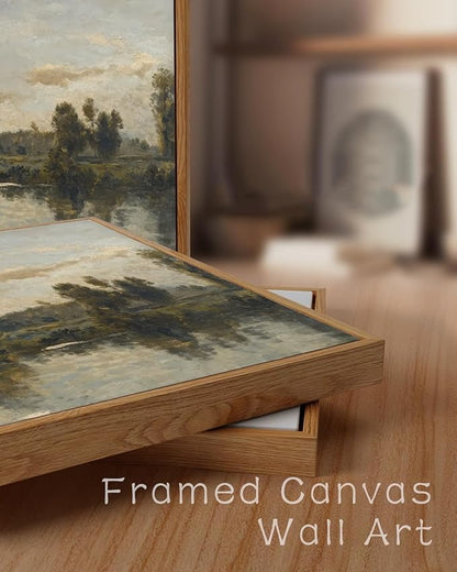 ZZLWBKGL Vintage Landscape Framed Wall Art Natural River Canvas Wall Art Rustic Farmhouse Pictures Wall Decor Country Scenery Art Prints for Living Room Study Bedroom