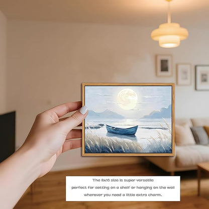 Floating Framed Coastal Bathroom Wall Art, Blue Beach Nautical Ocean Nature Canvas Picture, Blue Boat Moon Lake Mountain Sea Poster Print Painting, for Modern Home Bedroom Wall Decor 8x10 inch