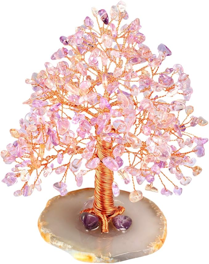 mookaitedecor Natural Citrine & Amethyst Crystal Tree with Agate Slice Geode Base Money Tree Desk Home Decoration for Wealth and Luck 5"-6"