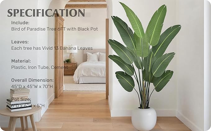 Artificial Bird of Paradise Tree 6FT with 13 Leaves Realistic Thick Banana Leaf Tall Large Faux Tropical Plant 70 Inch Black Pot for Indoor Home Office Poolside Porch Mall Hotel School Decor