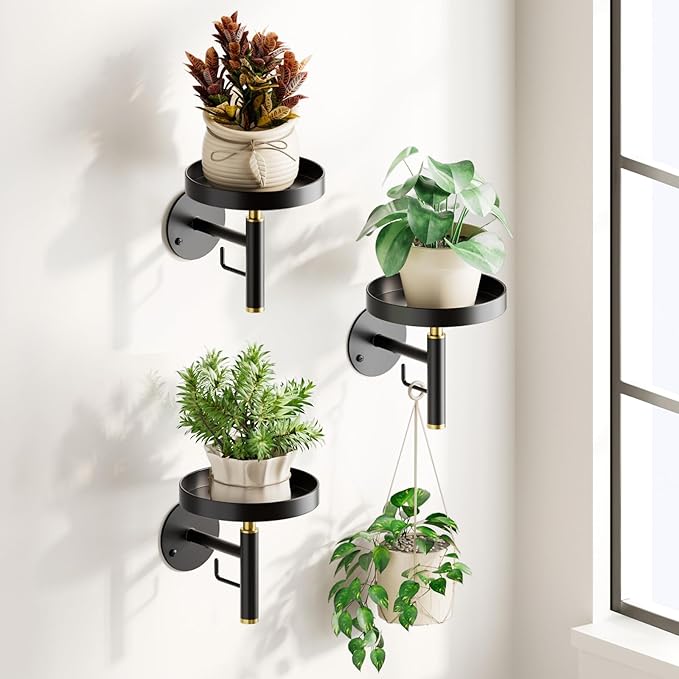 DELLAN Wall Plant Holder, 3 Pack Metal Wall Planters Stand Floating Shelves for Indoor Plants, Window Sill Plant Decor for Bedroom, Bathroom, Living Room, Home, Office, BlackGold