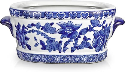 Blue and White Ceramic Planter Pot – Vintage Floral Oval Cachepot Vase for Indoor Plants, Flowers & Succulents – Glazed Chinese Porcelain Style Decorative Bowl – 7.4" Size – No Drainage