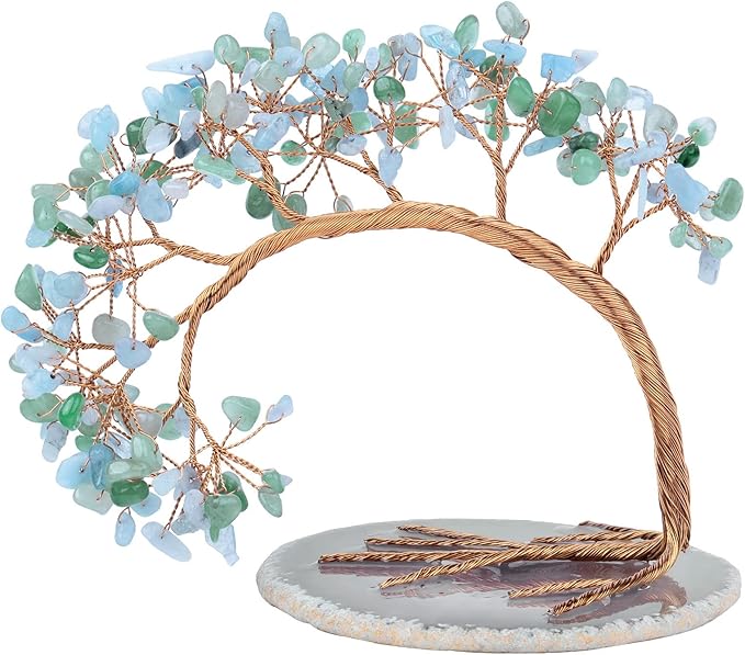 mookaitedecor Green Aventurine & Aquamarine Crystal Money Tree Agate Slice Base Feng Shui Bonsai Crystal Tree for Wealth Luck Desk Decor, 4.5-5.2 Inch High
