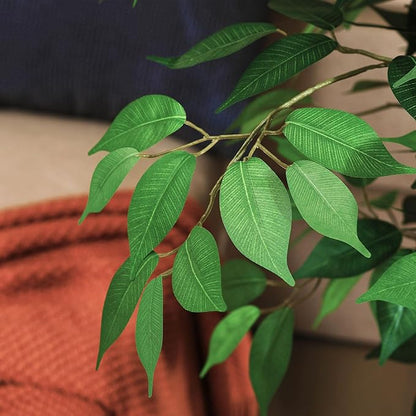 4ft Artificial Ficus Tree with Natural Wood Trunk, Silk Fake Ficus Tree in Plastic Nursery Pot, Faux Plant for Office Home, Indoor Outdoor Decor, 1 Pack
