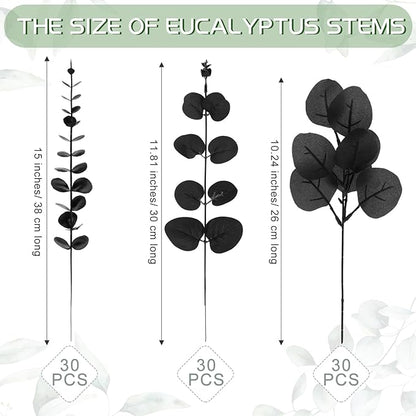 Giegxin 90 Pcs 3 Kinds Mixed Eucalyptus Leaves Stems Bulk Artificial Silver Dollar Leaves Picks Dried Eucalyptus Bundle Faux Spray for Wedding Vase Bouquet Floral Arrangement (Black)