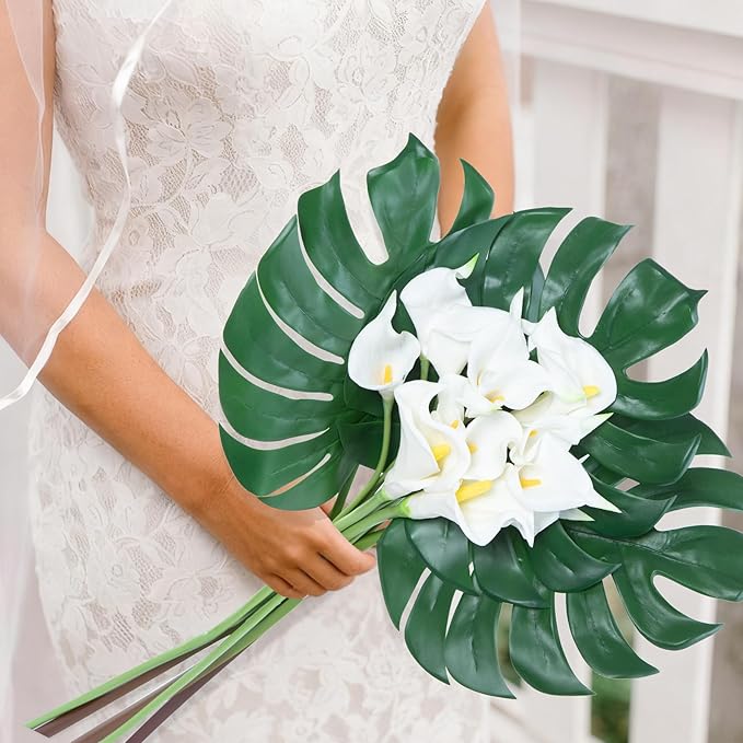 Artificial Monstera Leaves with Long Stem,Fake Tropical Palm Leaves for Hawaiian Luau Jungle Party Home Wedding Decor (4pcs Large)