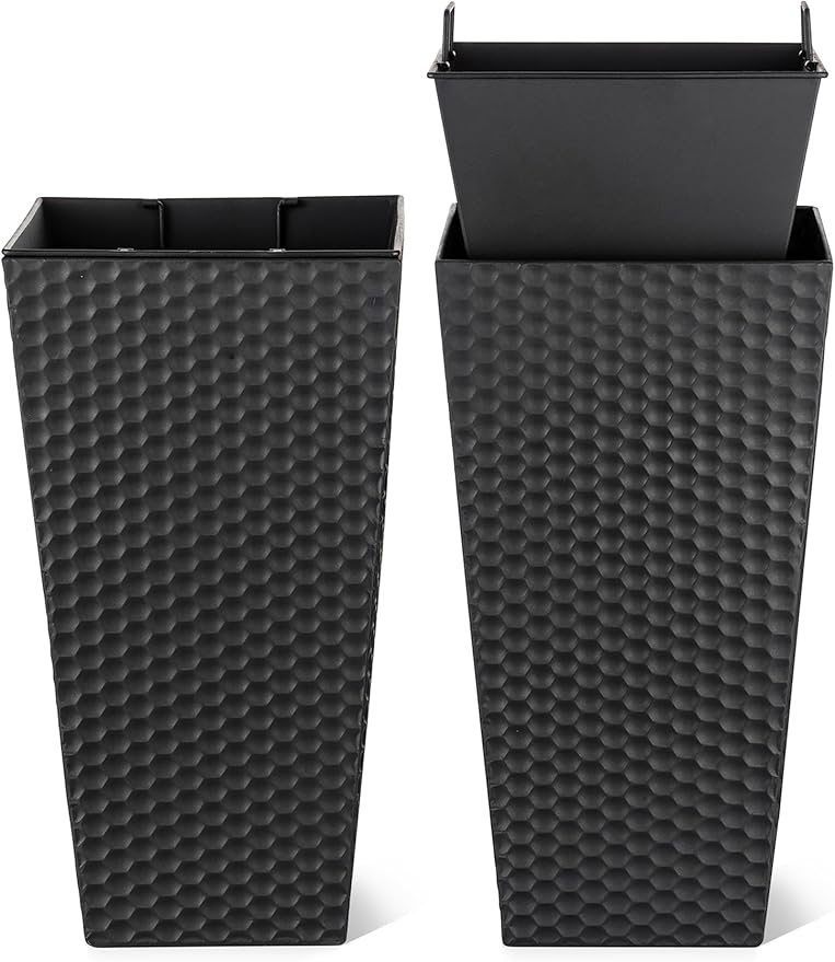 Sziqiqi Tall Planter for Indoor Outdoor: Set of 2 Large 21.6in Metal Taper Plant Pots with Inner Pots - Square Black Flower Pot with Drainage Holes for Outside Front Door Patio Garden Floor