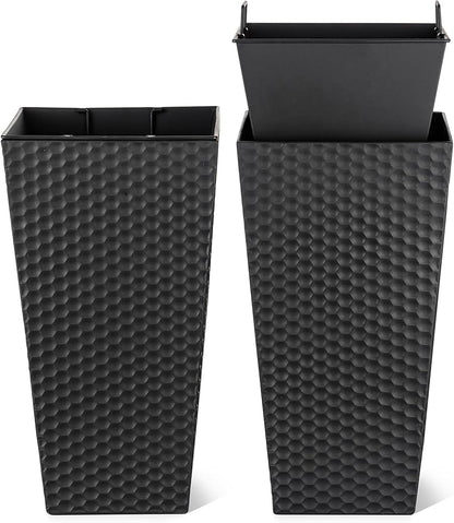 Sziqiqi Tall Planter for Indoor Outdoor: Set of 2 Large 21.6in Metal Taper Plant Pots with Inner Pots - Square Black Flower Pot with Drainage Holes for Outside Front Door Patio Garden Floor
