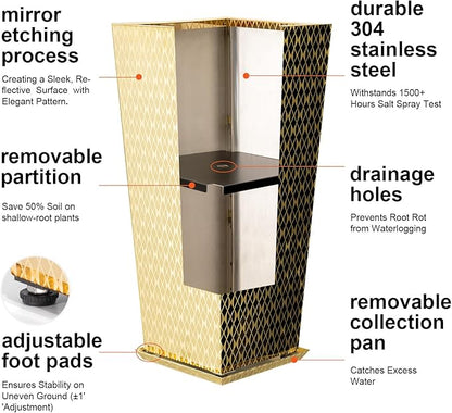 Luxury Stainless Steel Golden Taper Tall Planter Box Set of 2 with Mirror Etching No Coating 24”H Top 11” Bottom 8”,Decrative Pot Indoor, Modern Décor for Home,Office,Tall Plants,Trees,Flowers