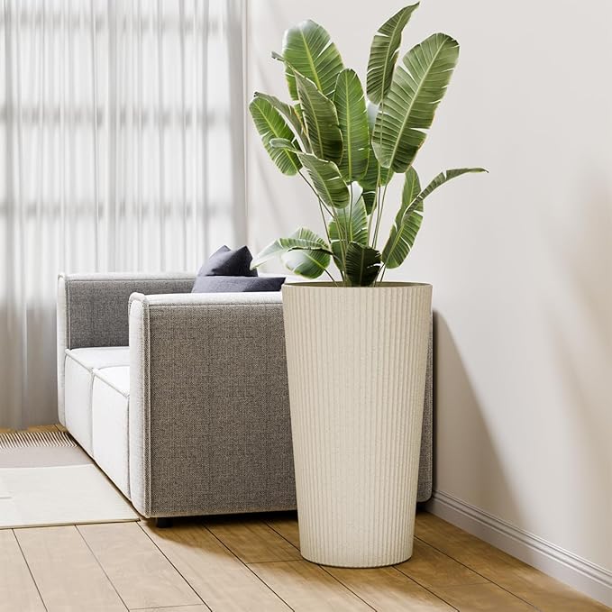 Tall Outdoor Planter Set of 2-23.6" Large Striped Plastic Flower Pots, Decorative Indoor/Outdoor Planters for Porch, Patio, Balcony & Garden, Cream