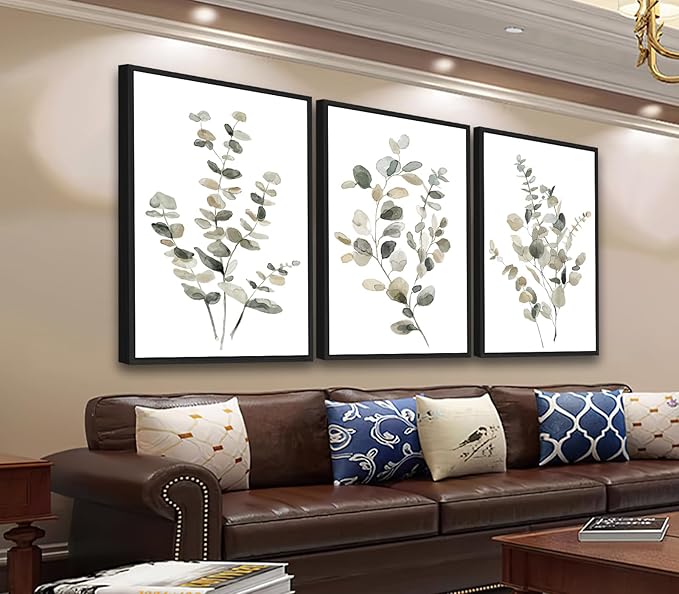 Large Framed Botanical Wall Art - Eucalyptus Leaf Wall Decor 20"x28" Set of 3 Taupe Simple Life Painting Prints Minimalist Farmhouse Plant Canvas Pictures for Living Room Bedroom Office Artwork