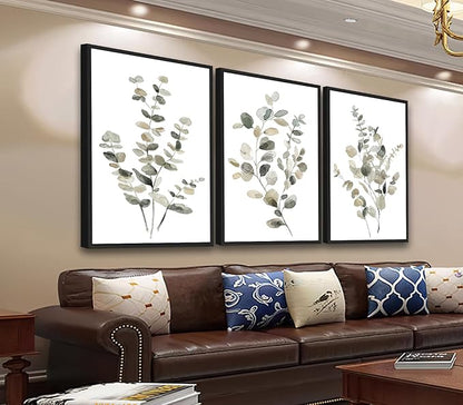 Large Framed Botanical Wall Art - Eucalyptus Leaf Wall Decor 20"x28" Set of 3 Taupe Simple Life Painting Prints Minimalist Farmhouse Plant Canvas Pictures for Living Room Bedroom Office Artwork