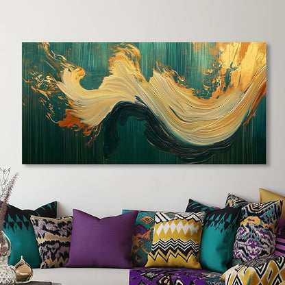 Abstract Marble Canvas Wall Art Paintings Green and Gold Canvas Wall Art Emerald Green Prints Posters Modern Abstract River Texture Pictures Wall Decor Artwork for Living Room, Bedroom, Office & Home Décor (24x48 Inches)
