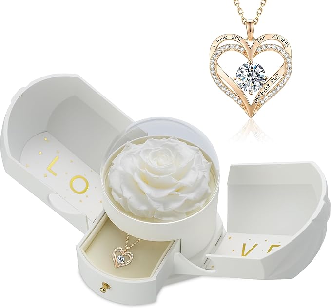 Preserved White Rose with Heart Necklace, Eternal Real Rose, Romantic Rose Flower Gifts for Women, Mom, Wife, Girlfriend, Anniversary, Birthday, Mother’s Day, Valentines Day(White)