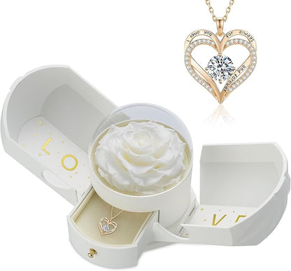 Preserved White Rose with Heart Necklace, Eternal Real Rose, Romantic Rose Flower Gifts for Women, Mom, Wife, Girlfriend, Anniversary, Birthday, Mother’s Day, Valentines Day(White)