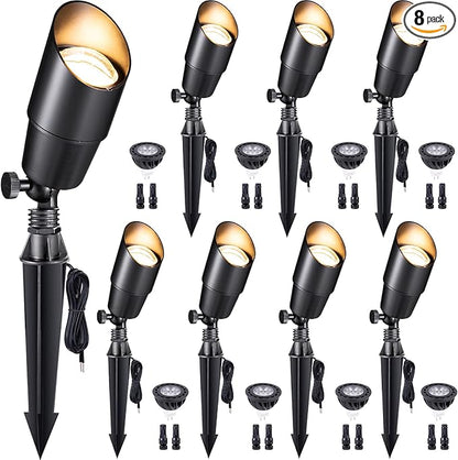 Gardenreet Spot Light Brass - Outdoor Landscape Spotlights 12V, LED Low Voltage Landscaping Uplights, All Weather Hard-Wired Black for Backyard Lawn with Cold White Changeable Bulbs (8 Pack)