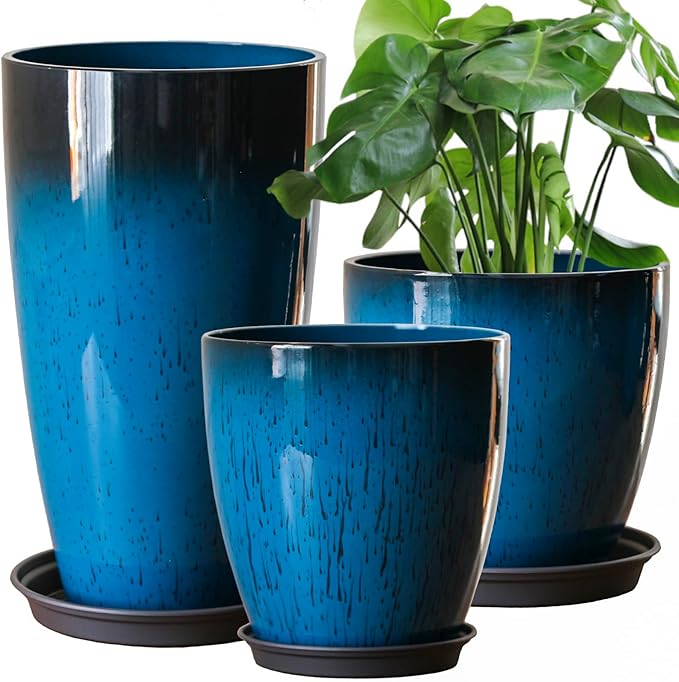 Large Plastic Planters with Tray 11"/12"/21" H Set of 3 for Indoor Outdoor Lightweight Use, Decorative Flower Pots Tall Plant Pot of Garden, Patio, Front Porch Corner Blue Color Round