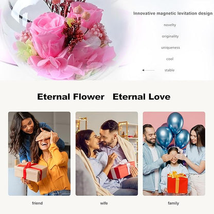 LoveLin Magnetic Levitation Circle Table Lamp with Bluetooth Speaker,5W Led Night Light,Three Variable Color,Automatic Rotating Preserved Flowers Creative Gifts Home Office Ornament Rotundity Layout